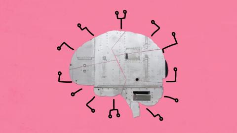 A mechanical brain is centered against a pink background with stylized electric wire extruding around the brain.