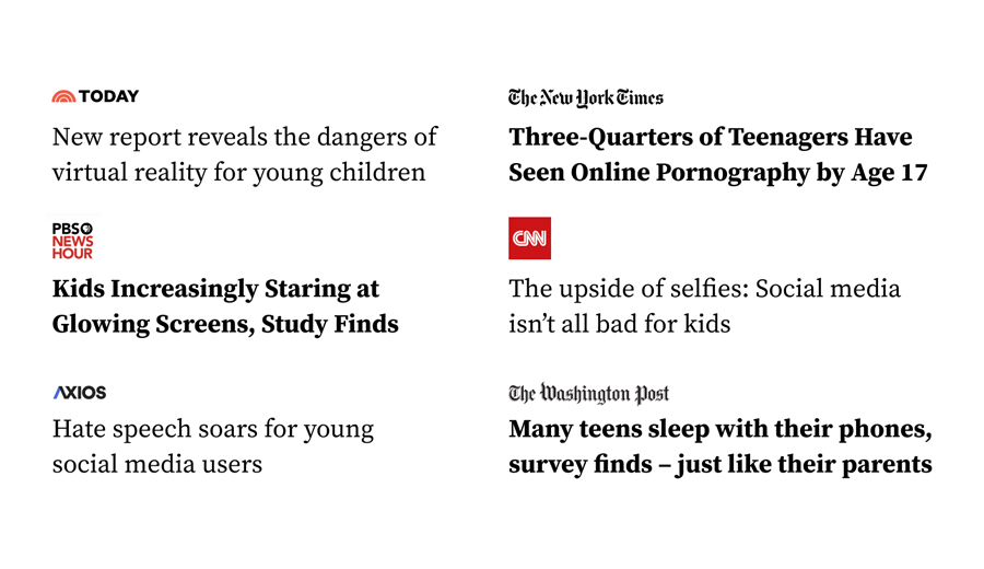 Headlines from publications including Today, New York Times, PBS News Hour, CNN, Axios, and the Washington Post reporting on Common Sense research findings.