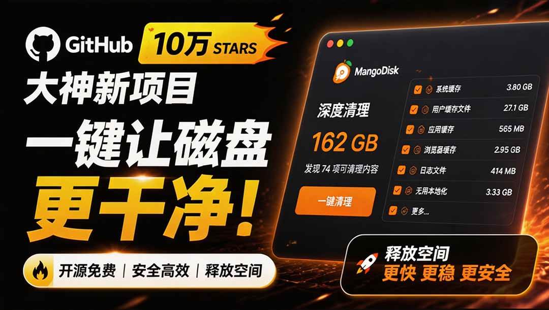 (19894期)在Gtihub上做出10万 stars 的大神,又发布新项目了!一键让磁盘更干净,开源免费清理工具 MangoDisk-优优云网创