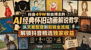 抖音49W粉丝博主的AI经典怀旧动画解说教学,从文案配音到剪辑全流程,解锁抖音精选独家收益-优优云网创