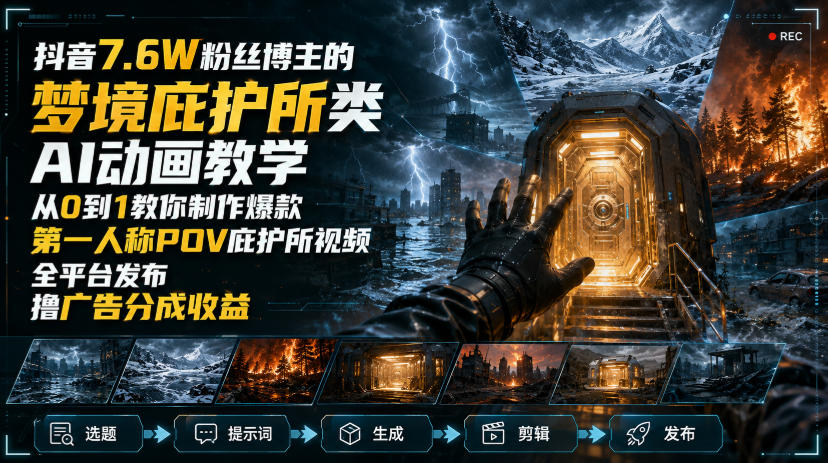 抖音7.6W粉丝博主的梦境庇护所类AI动画教学，从0到1教你制作爆款第一人称POV庇护所视频，全平台发布撸广告分成收益-优优云网创