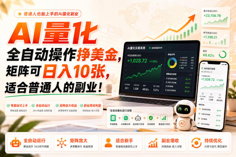 AI量化全自动操作挣美金，矩阵可日入10张，适合普通人的副业！【揭秘】-优优云网创