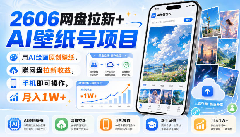 2606网盘拉新+AI壁纸号项目，用AI绘画原创壁纸，賺网盘拉新收益，手机即可操作，月入1W+-优优云网创