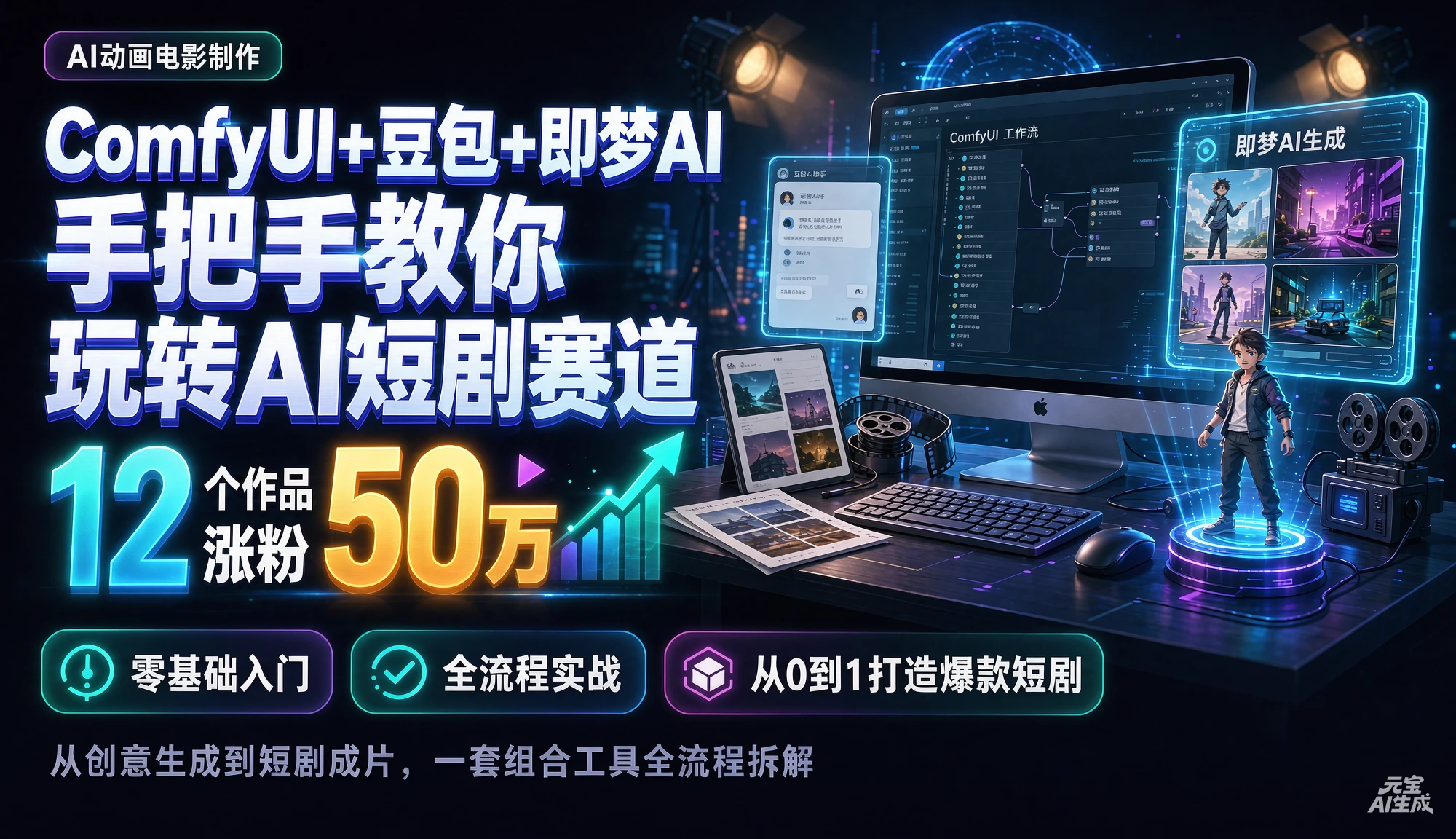 【精】AI动画电影制作，12个作品涨粉50万，手把手教你ComfyUI+豆包+即梦AI玩转AI短剧赛道-优优云网创