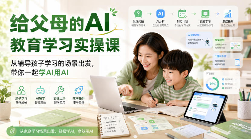 给父母的AI教育学习实操课，从辅导孩子学习的场景出发，带你一起学AI用AI-优优云网创