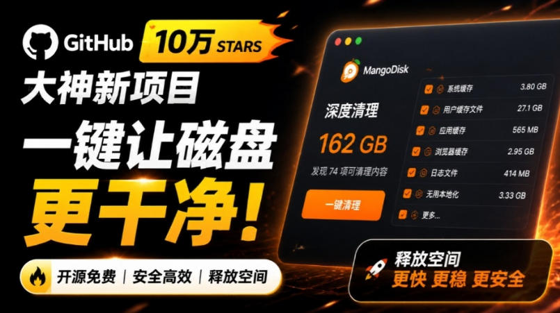 在Gtihub上做出10万stars的大神，又发布新项目了！一键让磁盘更干净，开源免费清理工具MangoDisk-优优云网创