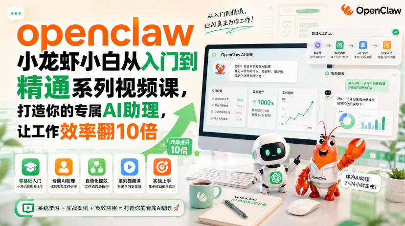 openclaw小龙虾小白从入门到精通系列视频课，打造你的专属AI助理，让工作效率翻10倍-优优云网创