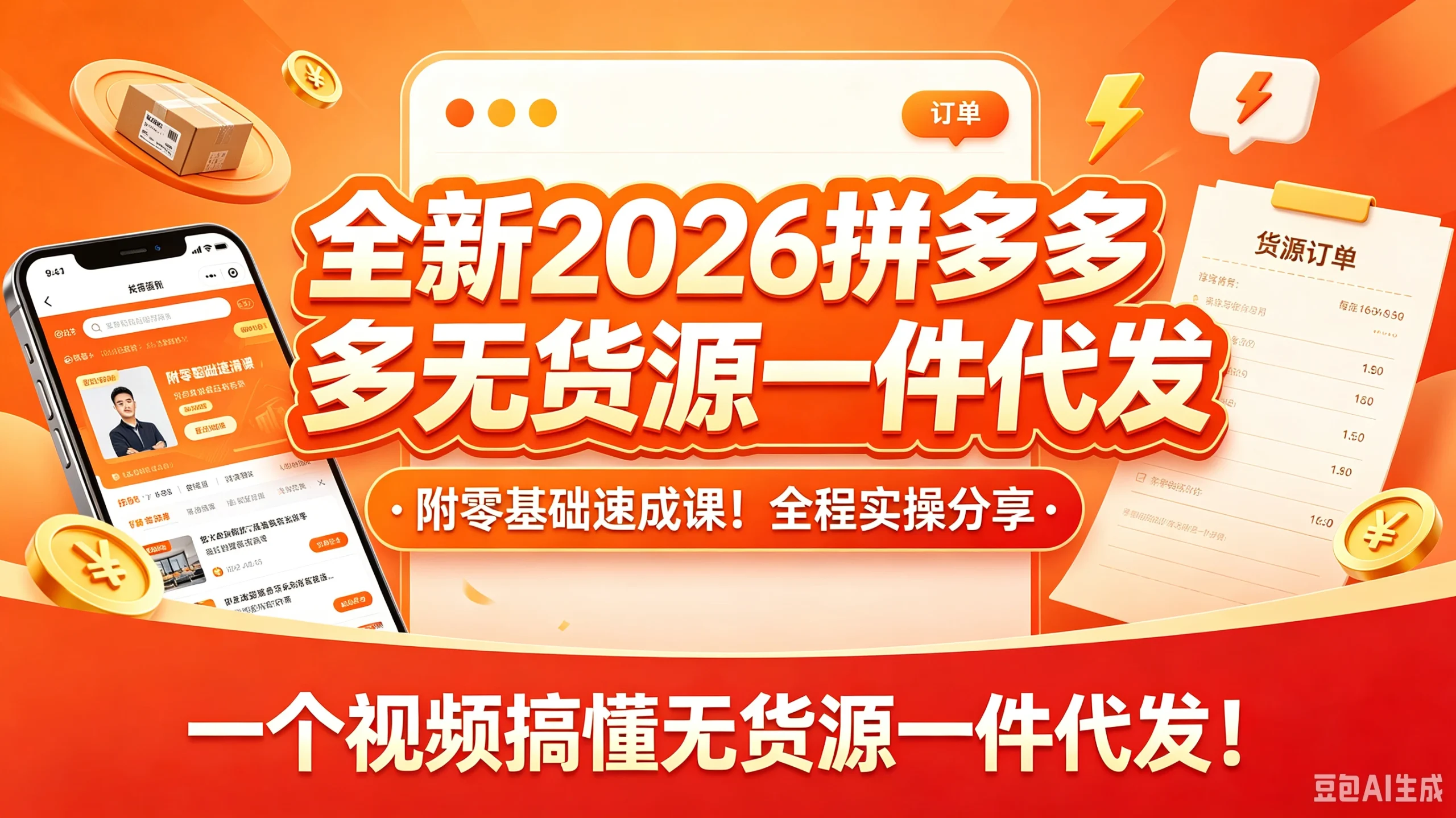 【精】全新2026拼多多无货源一件代发，附零基础速成课！全程实操分享，一个视频搞懂无货源一件代发！-免费资源