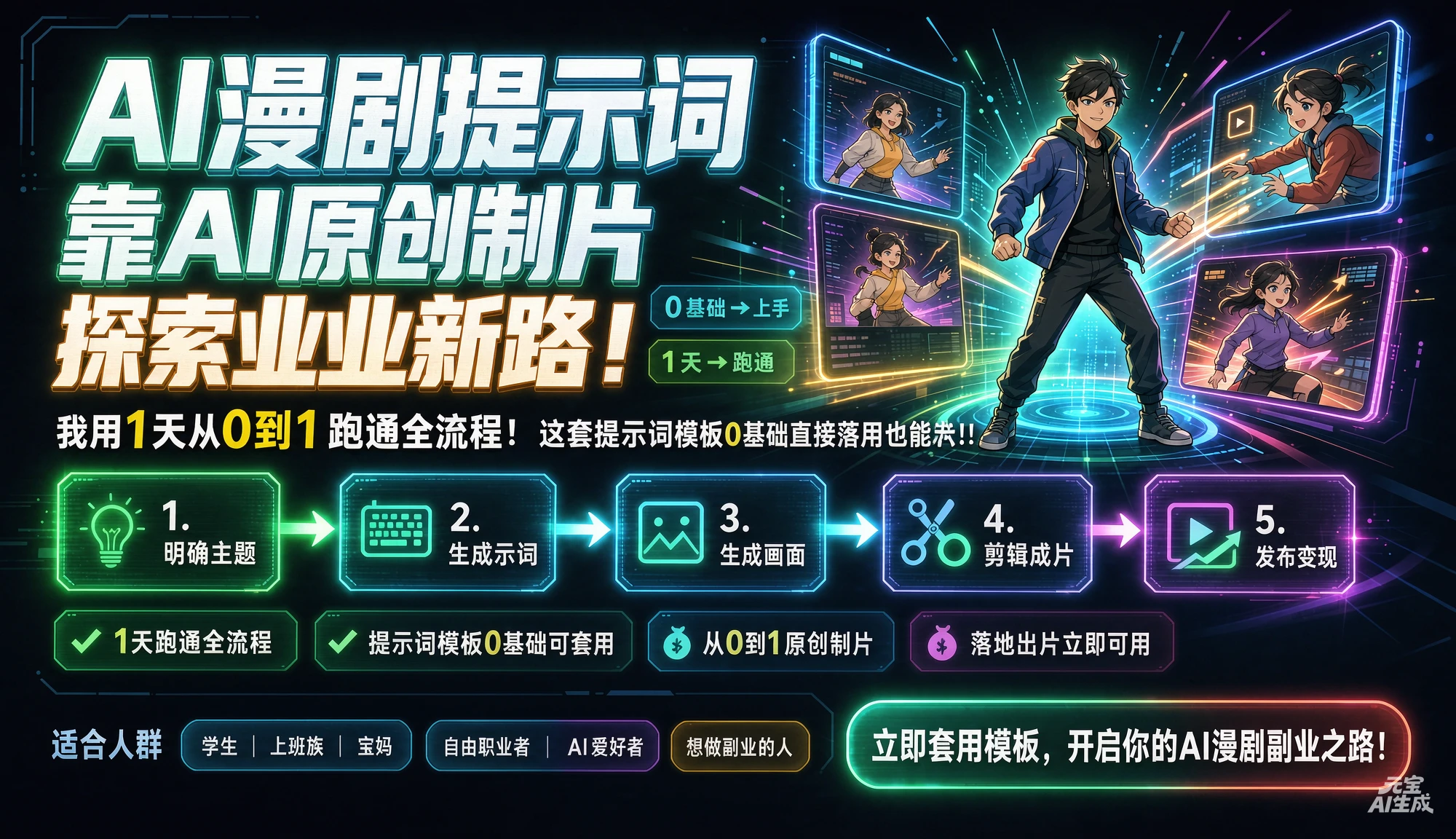【精】AI漫剧.提示词靠AI原创制片探索副业新路!我用1天从0到1跑通全流程,这套提示词模板0基础直接套用也能落地出片!!-优优云网创