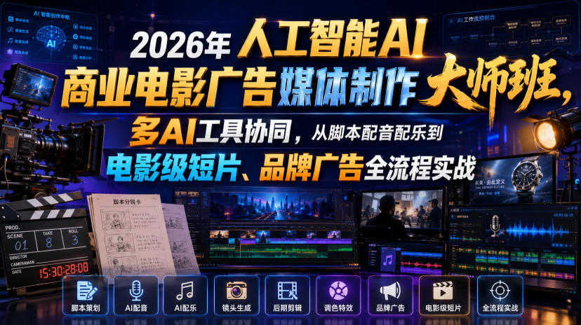 2026年人工智能AI商业电影广告媒体制作大师班，多AI工具协同，从脚本配音配乐到电影级短片、品牌广告全流程实战（中英字幕）-优优云网创