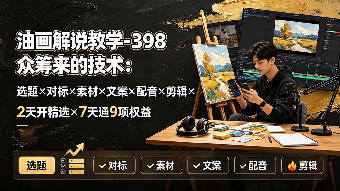 （19527期）油画解说教学-398众筹来的技术：选题×对标×素材×文案×配音×剪辑×2天开精选×7天通9项权益-优优云网创
