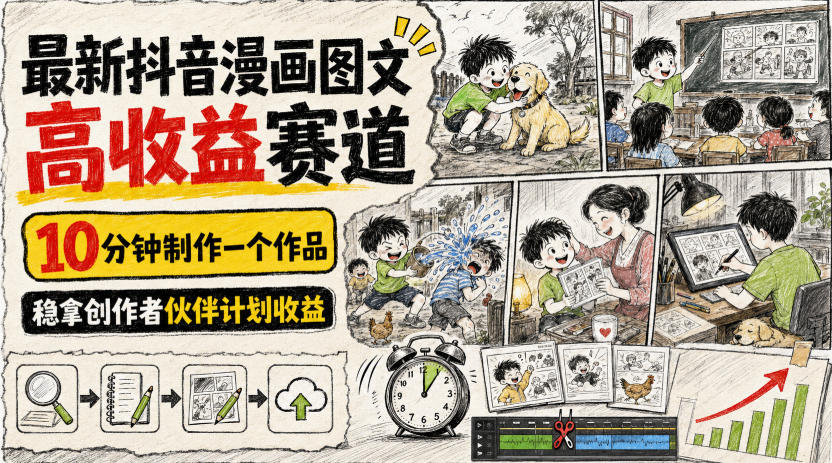 最新抖音漫画图文高收益赛道,10分钟制作一个作品,稳拿创作者伙伴计划收益-优优云网创