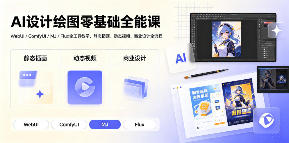 AI设计绘图零基础全能课｜WebUI/ComfyUI/MJ/Flux全工具教学，静态插画、动态视频、商业设计全流程-优优云网创