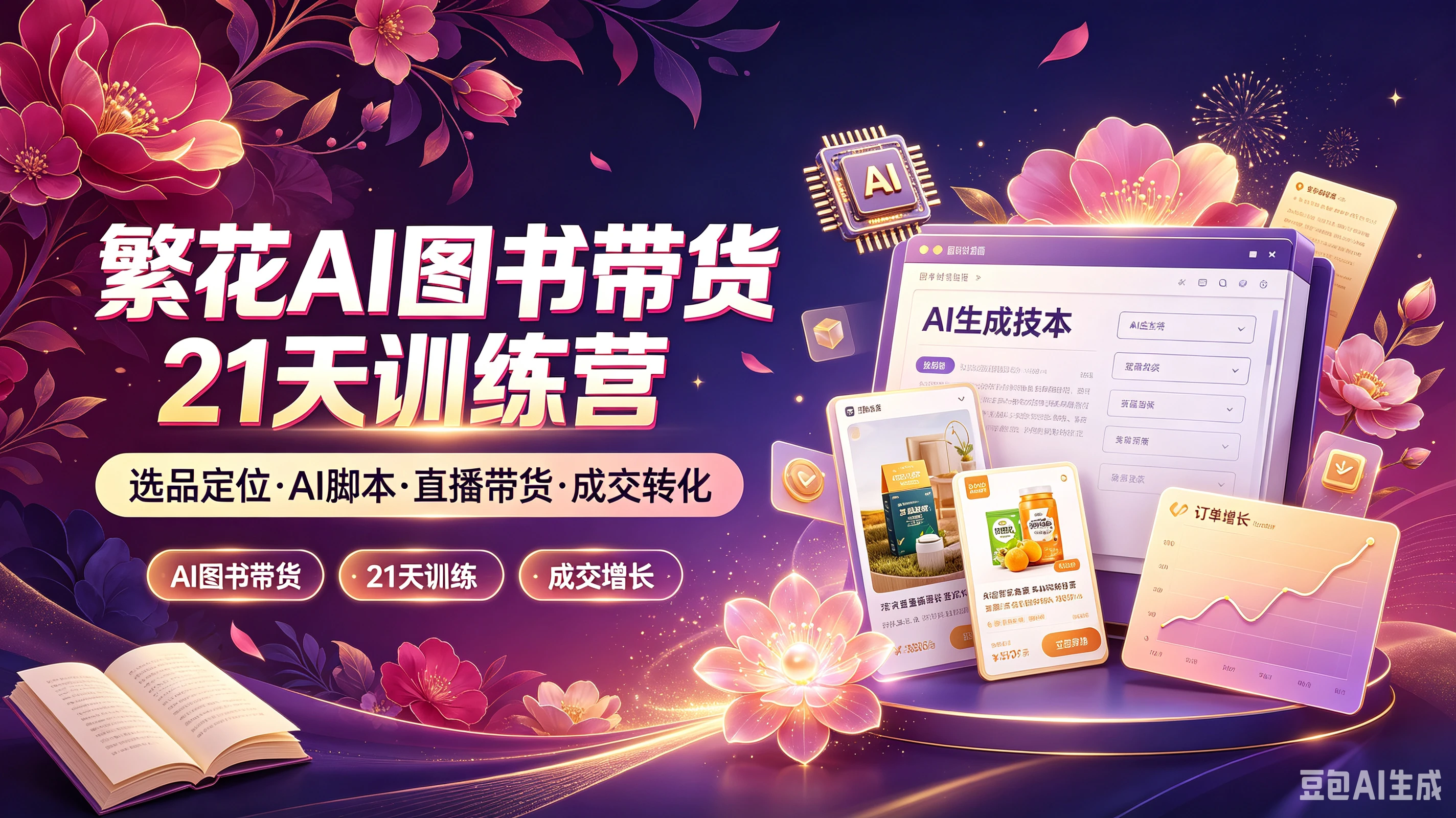 【精】繁花AI图书带货21天训练营,选品定位·AI脚本·直播带货·成交转化,AI图书带货、21天训练、成交增长-优优云网创