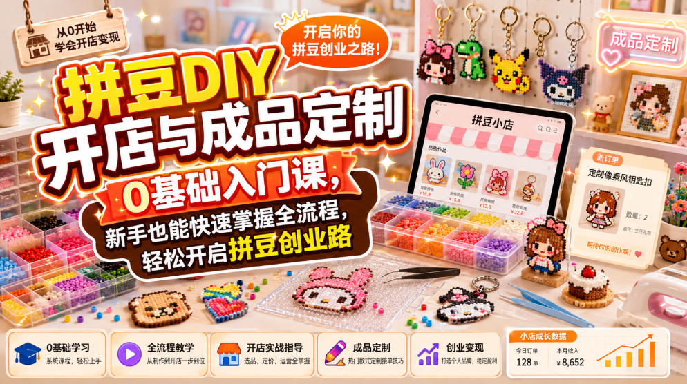 拼豆DIY开店与成品定制0基础入门课,新手也能快速掌握全流程,轻松开启拼豆创业路-优优云网创