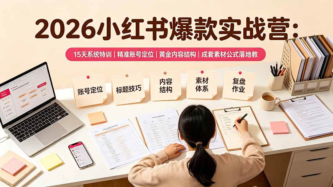 （19332期）2026小红书爆款实战营：15天系统特训｜精准账号定位｜黄金内容结构｜成套素材公式落地教程-优优云网创