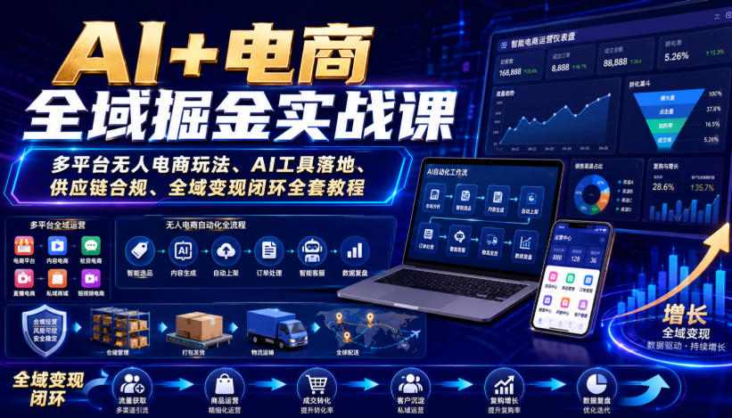 AI+电商全域掘金实战课|多平台无人电商玩法、AI工具落地、供应链合规、全域变现闭环全套教程-优优云网创