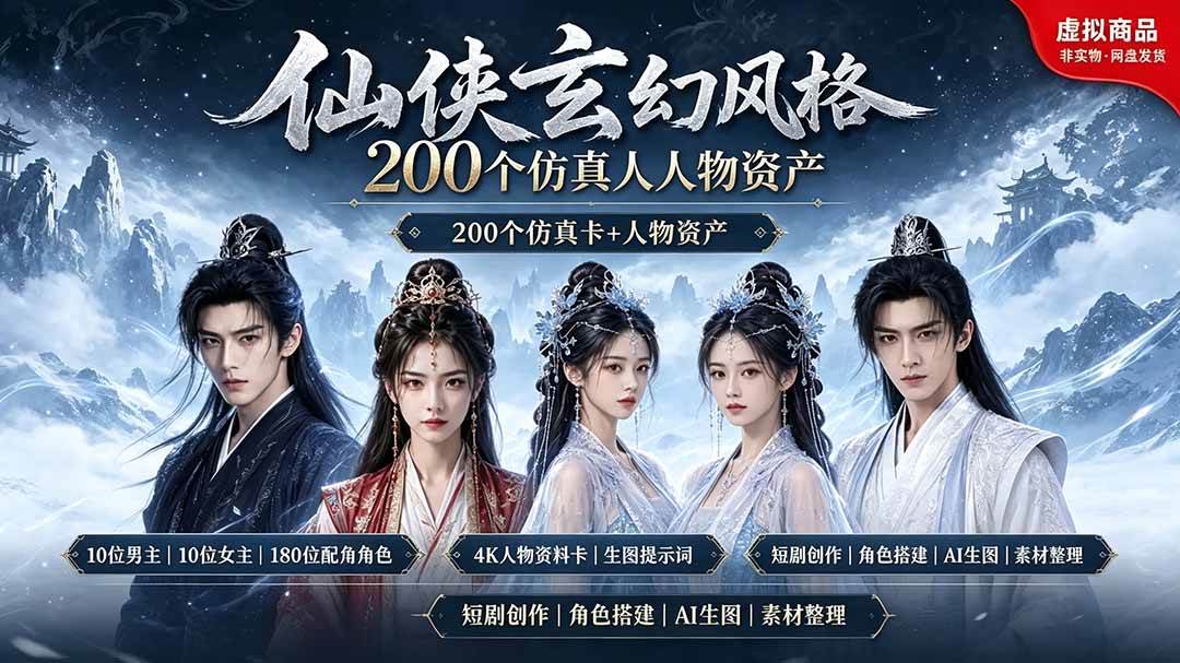 （19301期）200个仙侠玄幻仿真人素材◆10男主×10女主×180配角，4K资料卡+AI生图提示词，漫剧必备-优优云网创