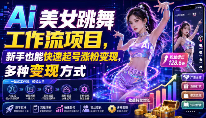 Ai美女跳舞工作流项目,新手也能快速起号涨粉变现,多种变现方式-优优云网创