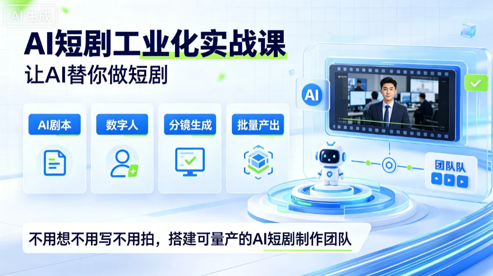 【精】AI短剧工业化实战课，让AI替你做短剧，不用想不用写不用拍，搭建可量产的AI短剧制作团队-优优云网创