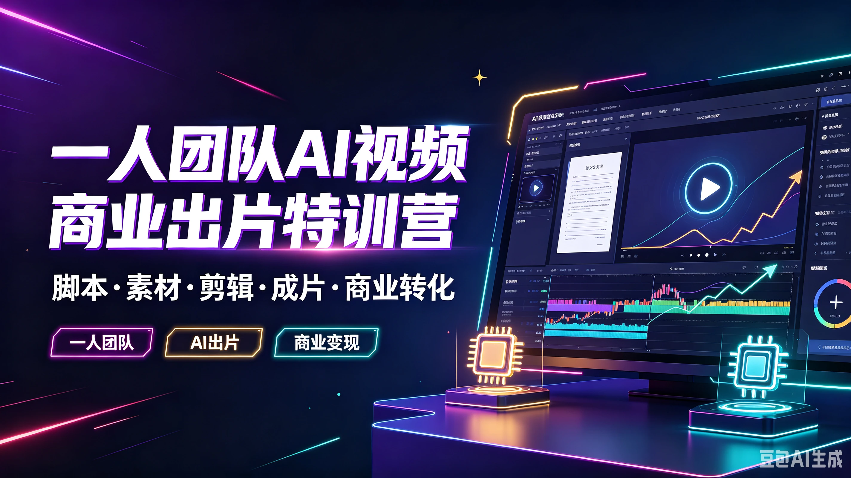 【精】一人团队AI视频商业出片特训营,脚本·素材·剪辑·成片·商业转化,一人团队、Al出片、商业变现-优优云网创