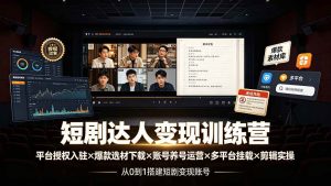 （19551期）短剧达人变现训练营：平台授权入驻×爆款选材下载×账号养号运营×多平台挂载×剪辑实操×违规处理全流程-优优云网创