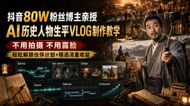 抖音80W粉丝博主的AI历史人物生平VLOG教学,不用拍摄不用露脸,AI帮你搞定,轻松解锁伙伴计划+精选收益-优优云网创