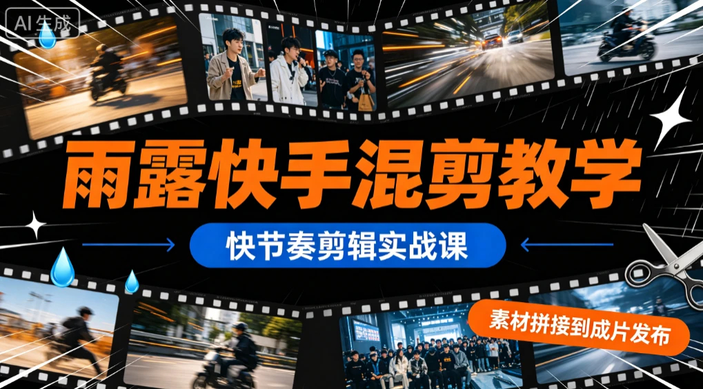 【精】雨露快手混剪教学,快节奏剪辑实战课,素材拼接到成片发布-优优云网创