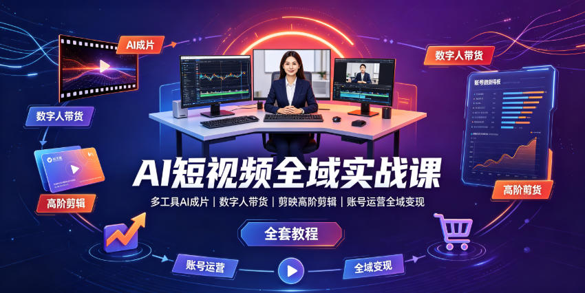 AI短视频全域实战课｜多工具AI成片、数字人带货、剪映高阶剪辑、账号运营全域变现全套教程-优优云网创