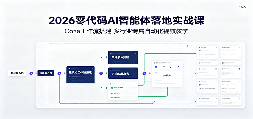 2026零代码AI智能体落地实战课:Coze工作流搭建,多行业专属自动化提效教学 2026零代码AI智能体落地实战课:Coze工作流搭建,多行业专属自动化提效教学