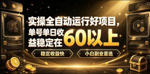 实操全自动运行好项目,单号单日收益稳定在60以上,稳定收益快,小白副业首选【揭秘】-优优云网创