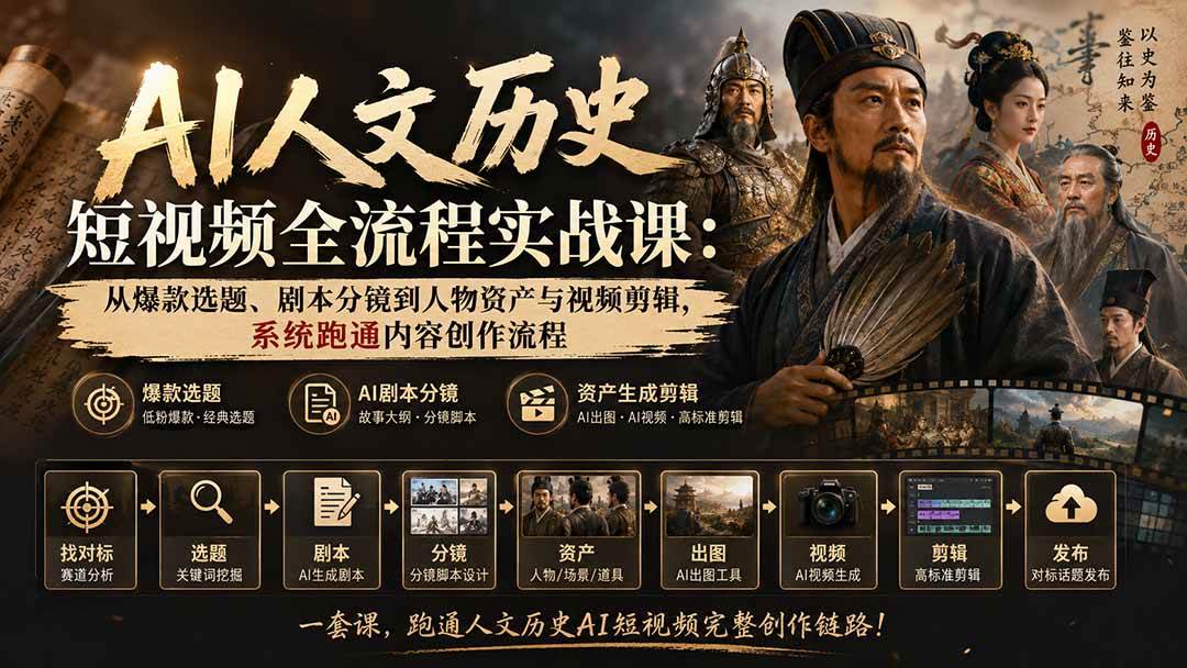 【精】AI人文历史短视频全流程实战课:从爆款选题、剧本分镜到人物资产与视频剪辑,系统跑通内容创作流程-优优云网创