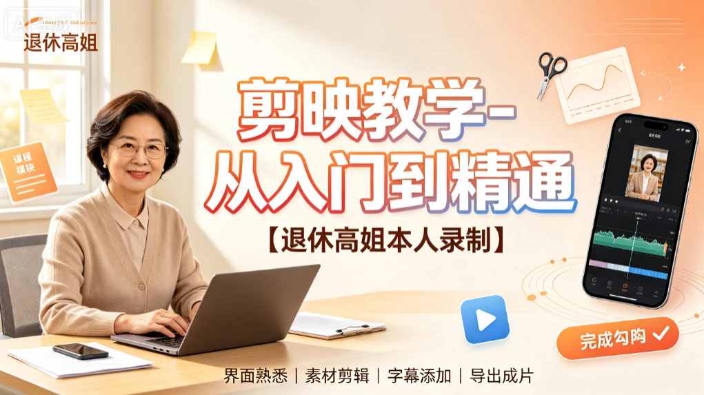 【精】剪映教学-从入门到精通,退休高姐本人录制,界面熟悉、素材剪辑、字幕添加、导出成片-优优云网创