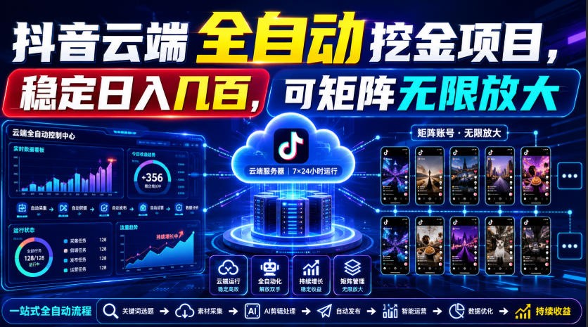 Dy云端全自动挖金项目,稳定日入几百,可矩阵无限放大!-优优云网创