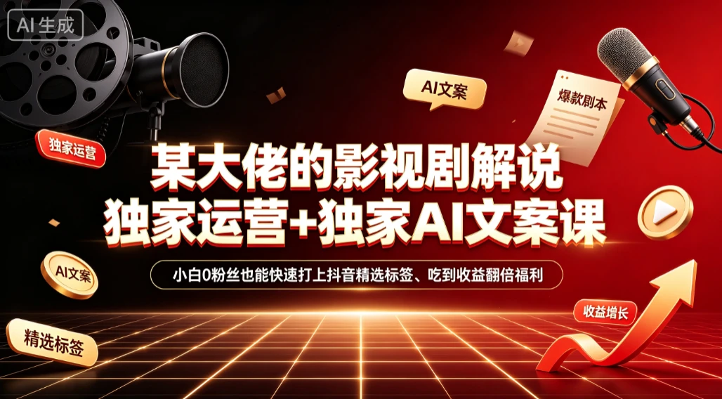 【精】某大佬的影视剧解说独家运营+独家AI文案课,小白0粉丝也能快速打上抖音精选标签、吃到收益翻倍福利-优优云网创