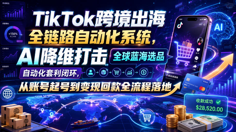 TikTok跨境出海全链路自动化系统，AI降维打击全球蓝海选品自动化套利闭环，从账号起号到变现回款全流程落地（2026年7月）-优优云网创
