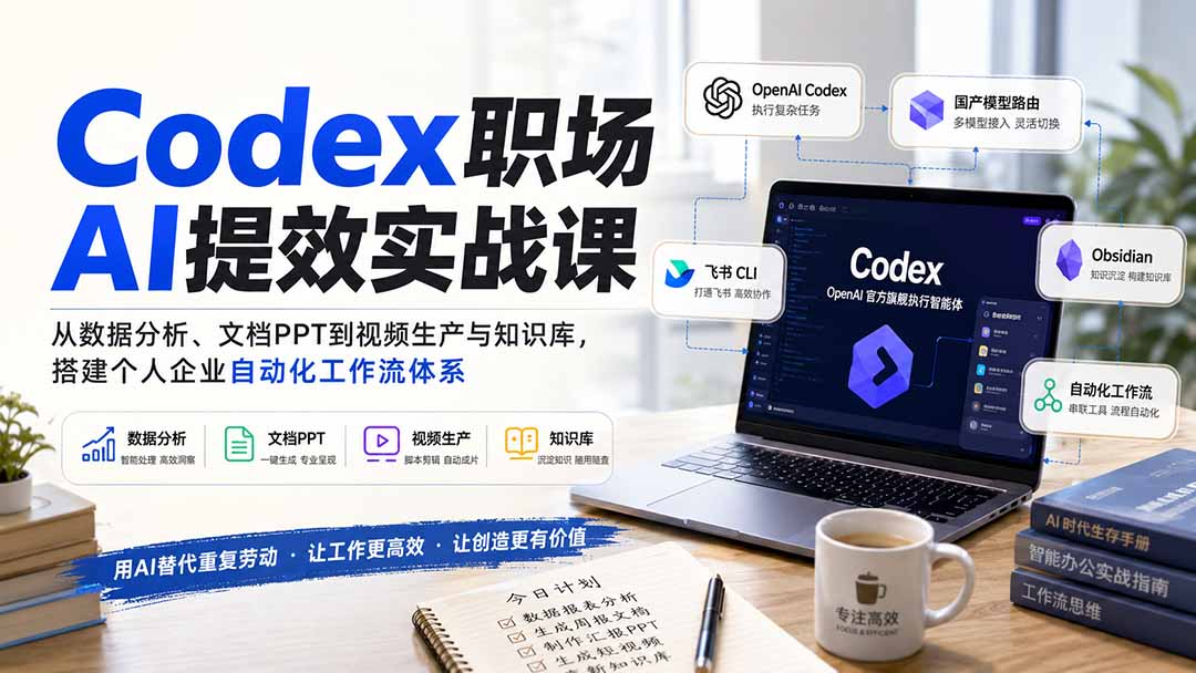 【精】Codex职场AI提效实战课:从数据分析、文档PPT到视频生产与知识库,搭建个人企业自动化工作流体系-优优云网创