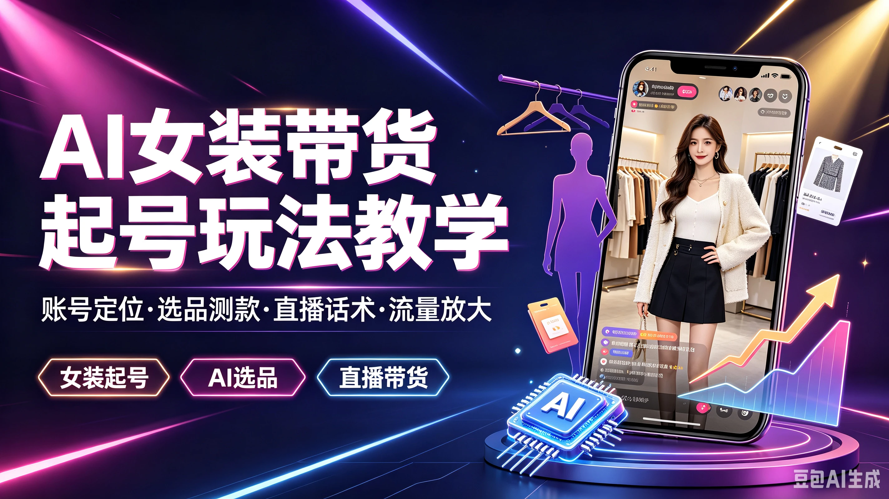 【精】AI女装带货起号玩法教学，帐号定位·选品测款·直播话术·流量放大，女装起号、Al选品、直播带货-优优云网创