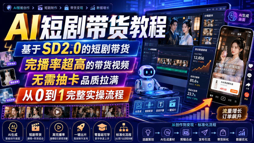 AI短剧带货教程，基于SD2.0的短剧带货，完播率超高的带货视频，无需抽卡品质拉满，从0到1完整实操流程-优优云网创