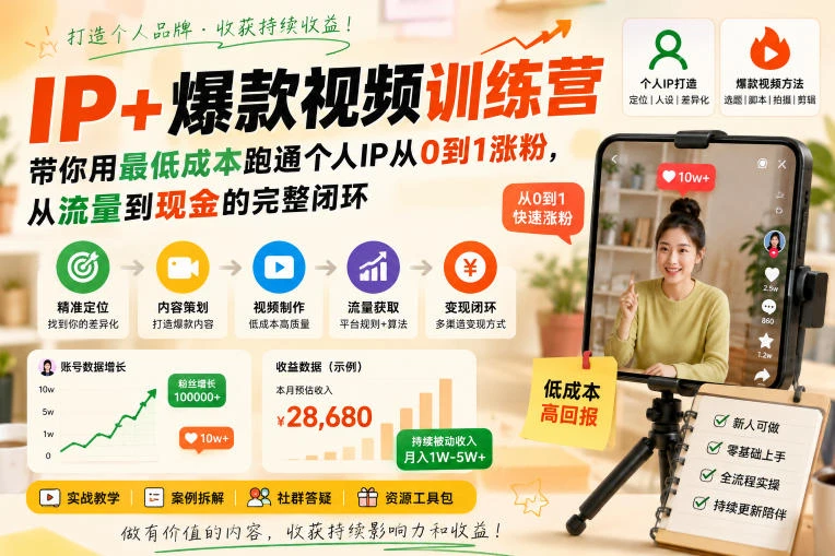 【精】AI+IP爆款视频训练营,带你用最低成本跑通个人IP从0到1涨粉,从流量到现金的完整闭环(更新)-优优云网创