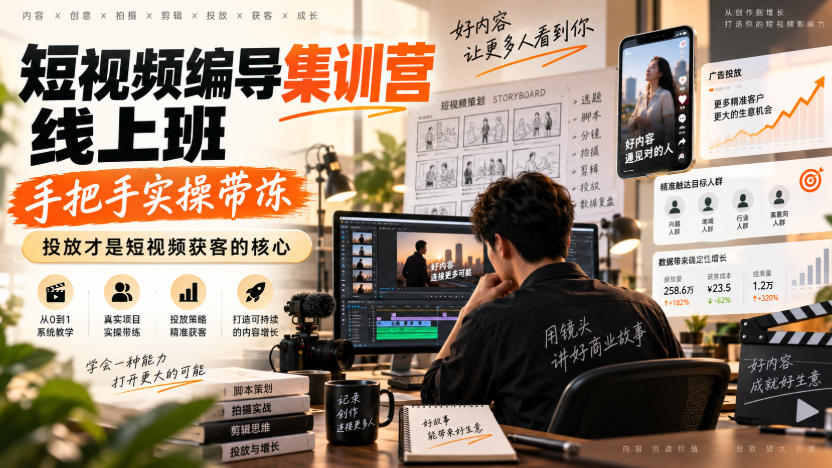 【精】短视频编导集训营线上班，手把手实操带冻，投放才是短视频获客的核心-优优云网创