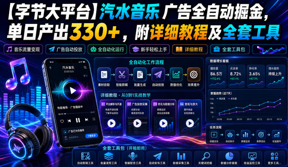 【字节大平台】汽水音乐广告全自动掘金,单日产出330+,附详细教程及全套工具【揭秘】-优优云网创