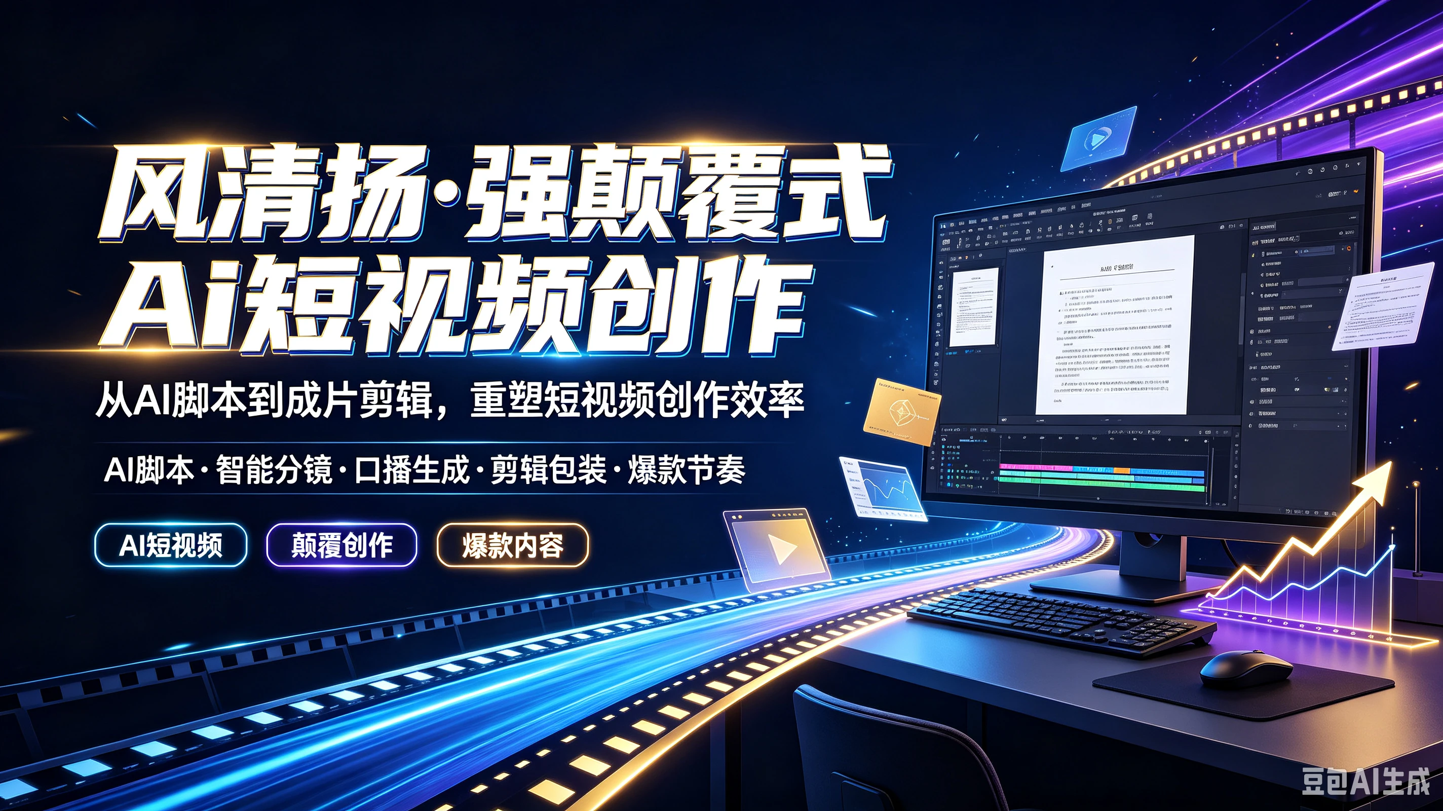 【精】风清扬·强颠覆式Ai短视频创作,从AI脚本到成片剪辑,重塑短视频创作效率,AI脚本、智能分镜、口播生成、剪辑包装、爆款节奏-优优云网创