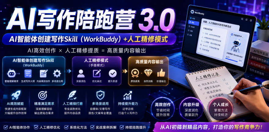 【精】AI写作陪跑营3.0，Ai智能体创建写作skill（workbuddy）+人工手写模式（手搓模式），去除AI痕迹（头条号、公众号、百家号）-优优云网创