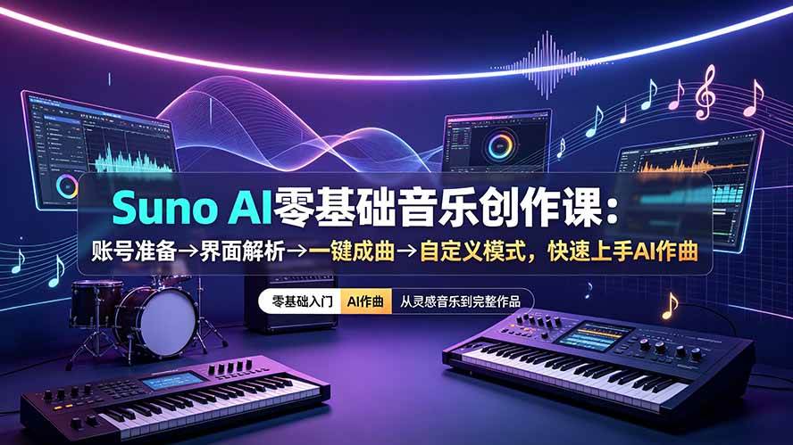 （19264期）Suno AI零基础音乐创作课：账号准备→界面解析→一键成曲→自定义模式，快速上手AI作曲-优优云网创