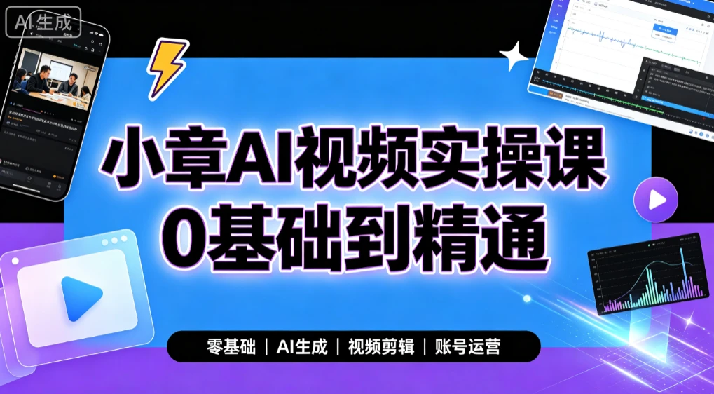 【精】小章AI视频实操课0基础到精通,零基础、AI生成、视频剪辑、账号运营-优优云网创