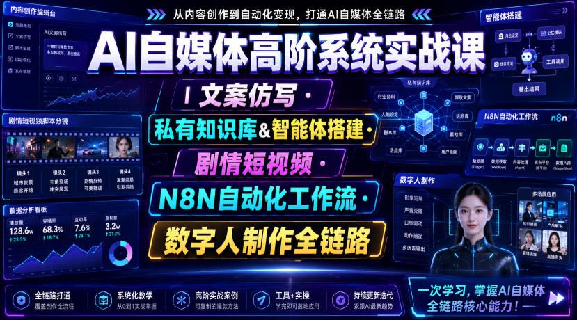 AI自媒体高阶系统实战课｜文案仿写・私有知识库&智能体搭建・剧情短视频・N8N自动化工作流・数字人制作全链路-优优云网创