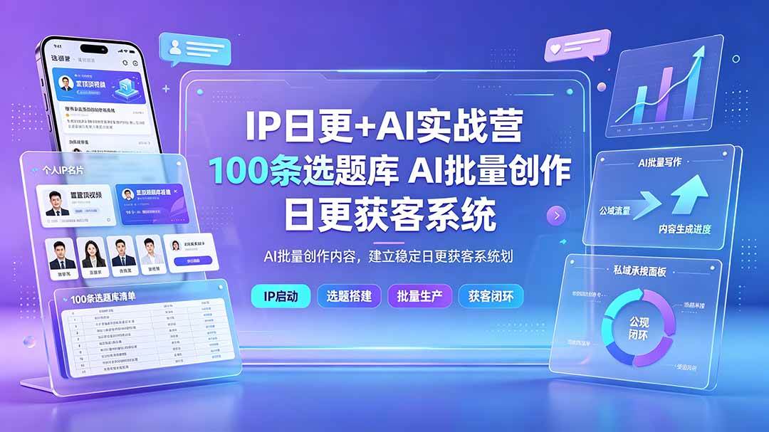 (19353期)IP日更+AI实战营:IP置顶视频制作×100条选题库搭建×10条日更规划,AI批量创作内容,建立稳定日更获客系统 (19353期)IP日更+AI实战营:IP置顶视频制作×100条选题库搭建×10条日更规划,AI批量创作内容,建立稳定日更获客系统