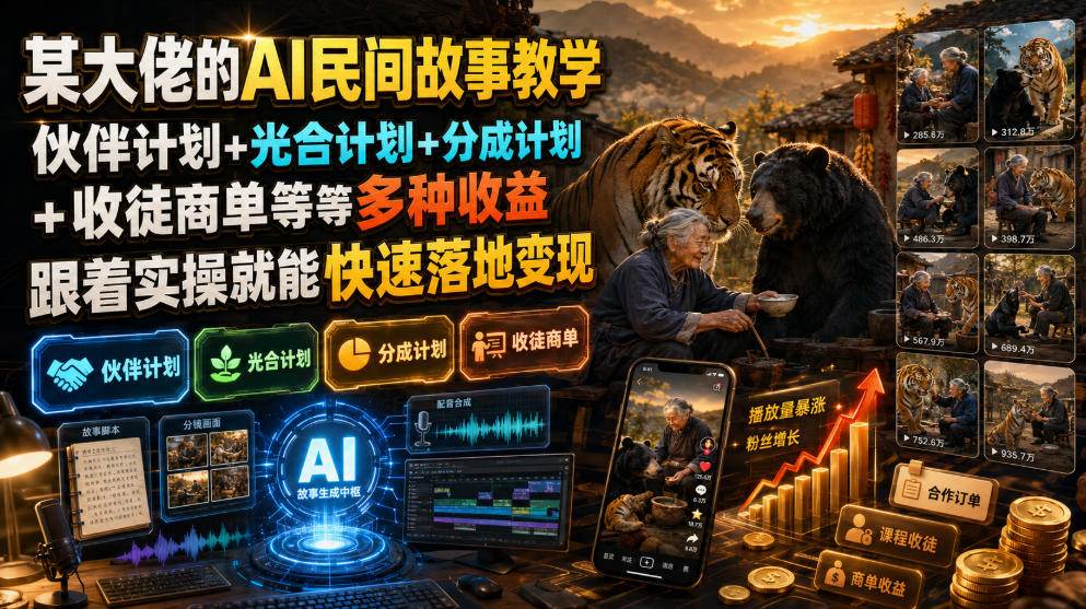 （19360期）某大佬的AI民间故事教学，伙伴计划+光合计划+分成计划+收徒商单等多种收益，跟着实操就能快速落地变现-优优云网创