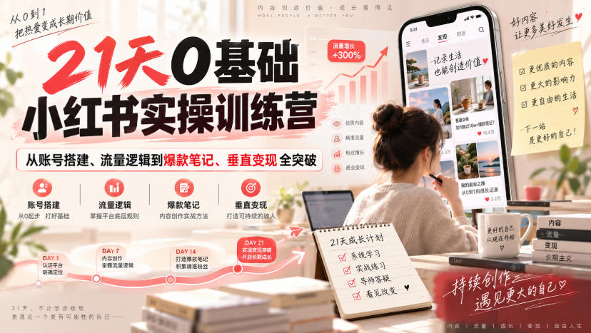 【精】21天0基础小红书实操训练营|从账号搭建、流量逻辑到爆款笔记、垂直变现全突破-优优云网创